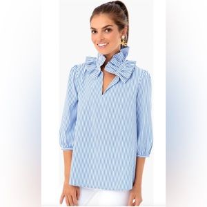 Tuckernuck Blue Striped Ruffle Neck Bouvier Blouse XL